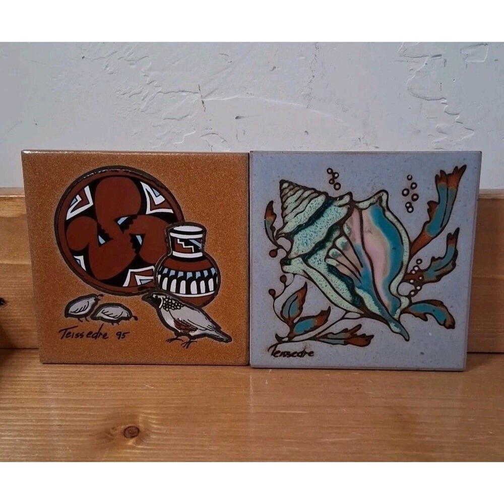2 Art Tile Trivet Coaster Decor Pottery Turquoise Southwest Cleo Teissedre 4”